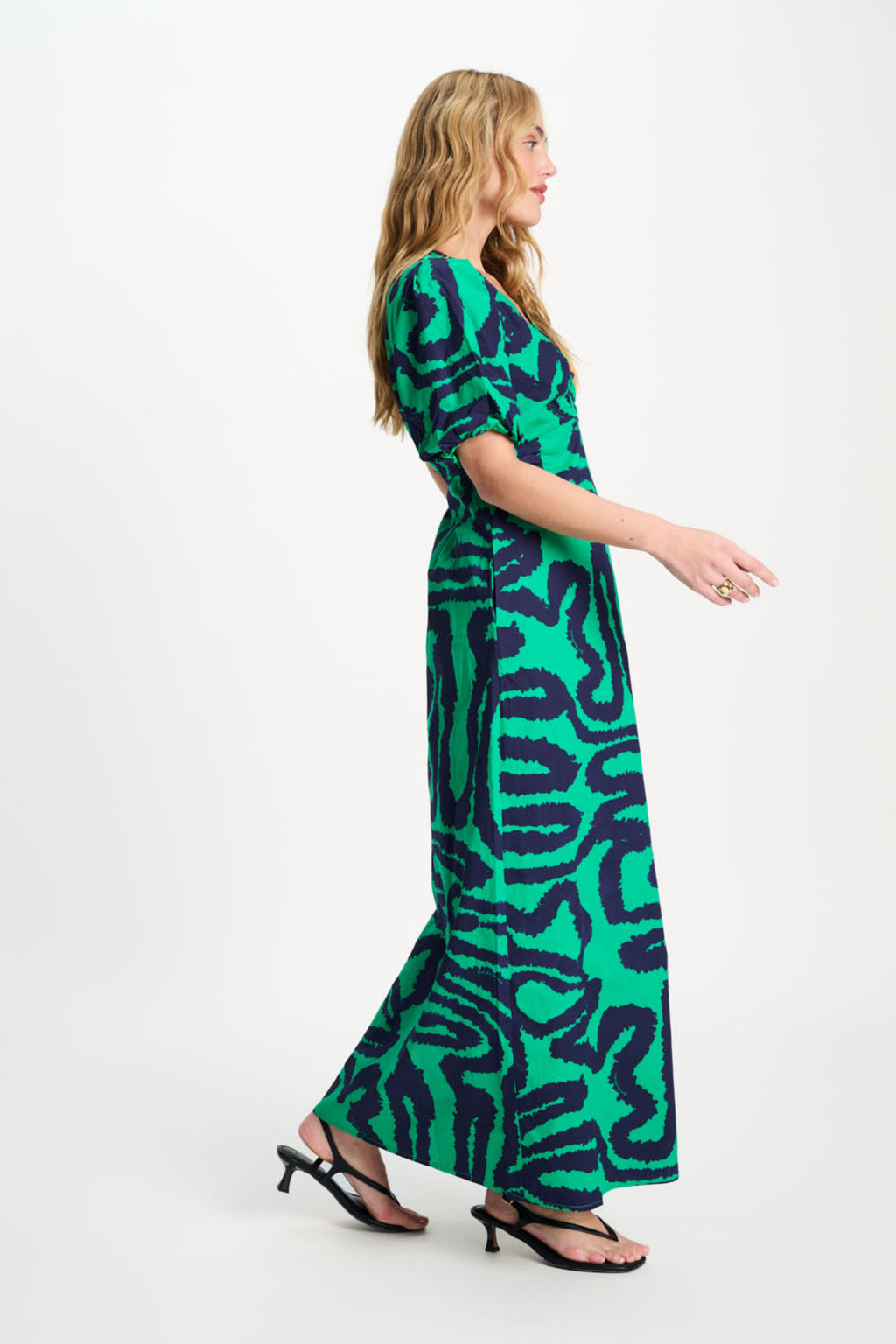 Woman in Pom Amsterdam SP9552 Poplin Waves Green Organic Cotton Dress by Pom Amsterdam, shop Pom Amsterdam at Dotique
