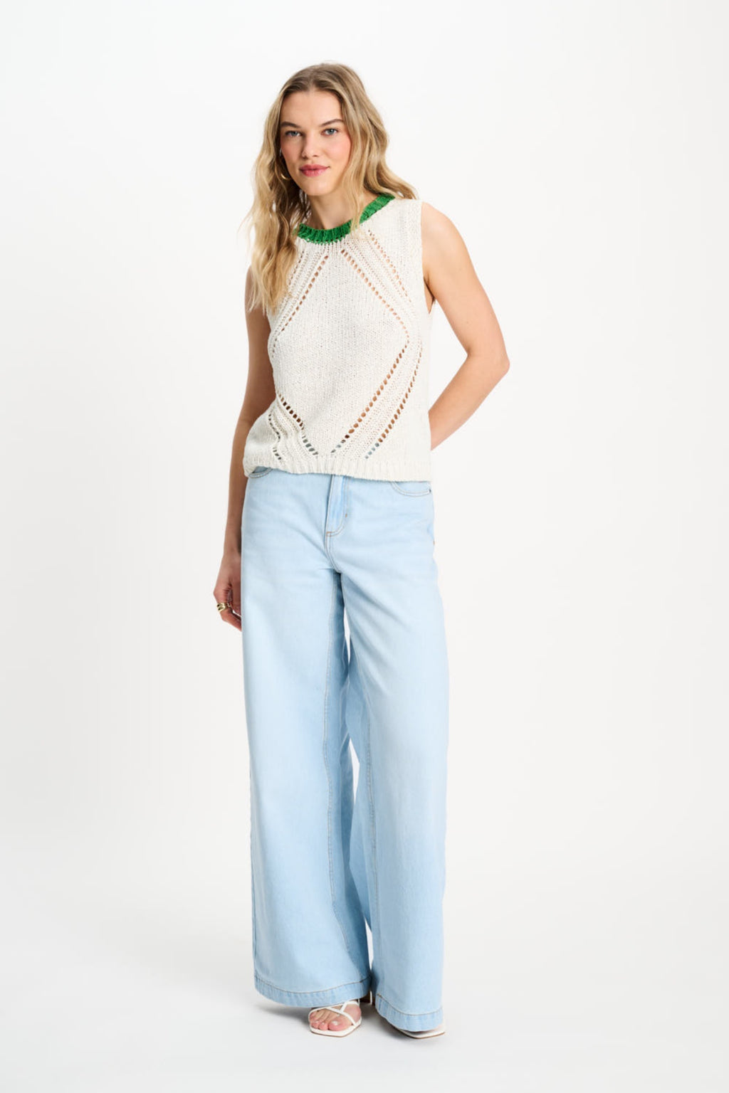 Model wearing Pom Amsterdam SP9570 Spencer Colourblock White Organic Cotton Knit Top by Pom Amsterdam shop Dotique online