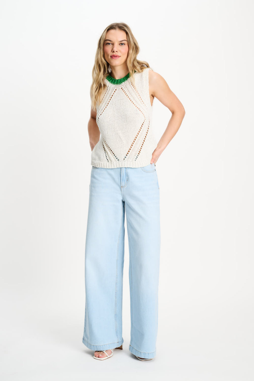 Model wearing Pom Amsterdam SP9570 Spencer Colourblock White Organic Cotton Knit Top by Pom Amsterdam shop Dotique online