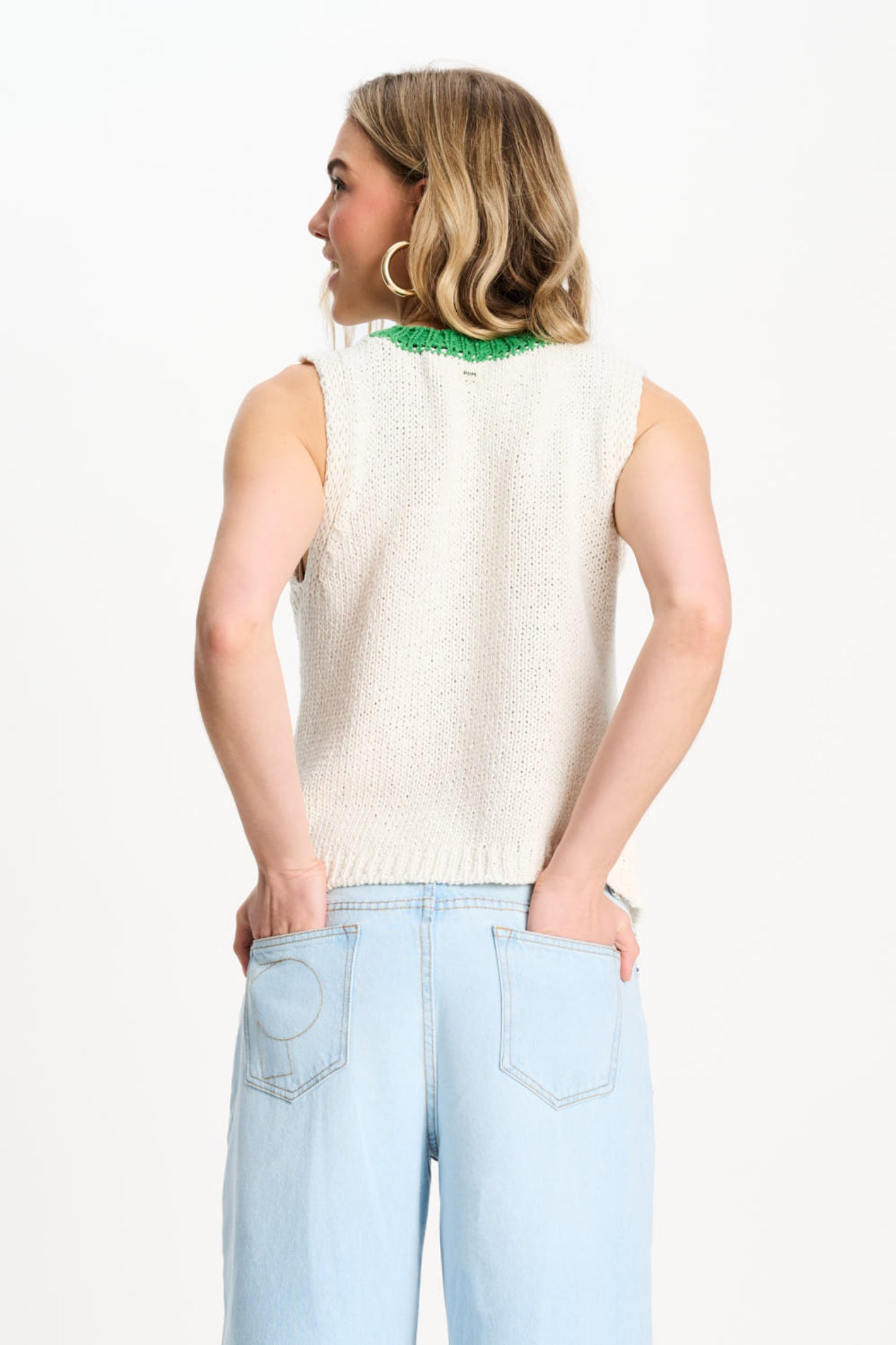 Back view of model wearing Pom Amsterdam SP9570 Spencer Colourblock White Organic Cotton Knit Top by Pom Amsterdam shop Dotique