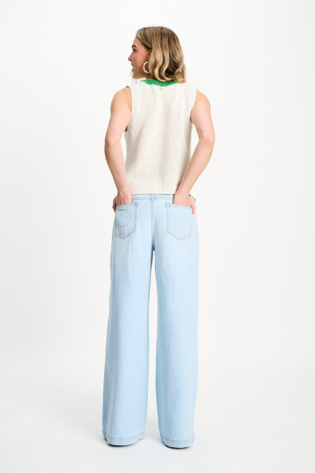 Back view of model wearing Pom Amsterdam SP9570 Spencer Colourblock White Organic Cotton Knit Top by Pom Amsterdam shop Dotique