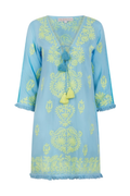 Pranella Aggie Cornflower Yellow embroidered mini dress with tassel tie and fringe hem – Dotique