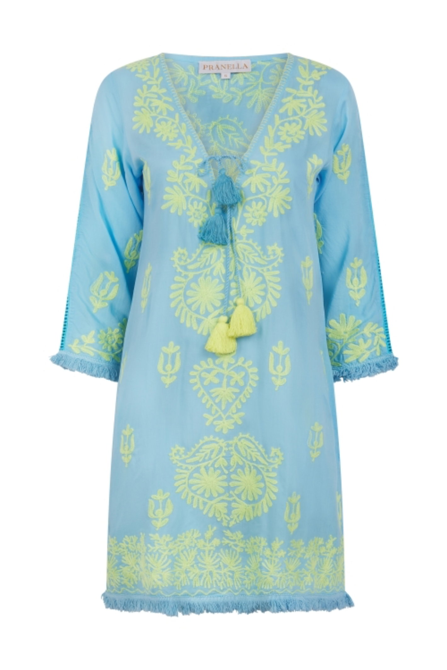 Pranella Aggie Cornflower Yellow embroidered mini dress with tassel tie and fringe hem – Dotique