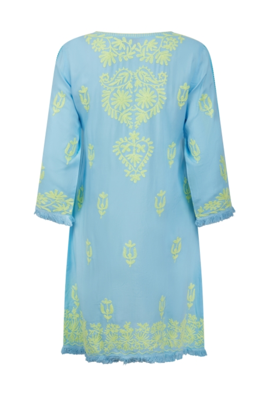 Pranella Aggie Cornflower Yellow embroidered mini dress with tassel tie and fringe hem – Dotique