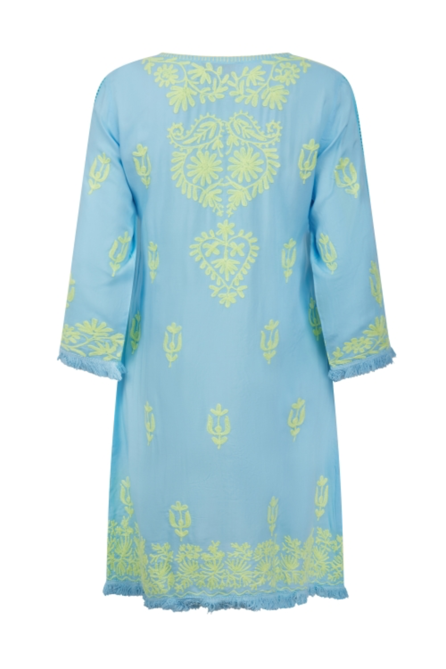 Pranella Aggie Cornflower Yellow embroidered mini dress with tassel tie and fringe hem – Dotique