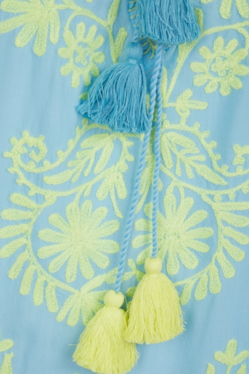 Pranella Aggie Cornflower Yellow embroidered mini dress with tassel tie and fringe hem – Dotique