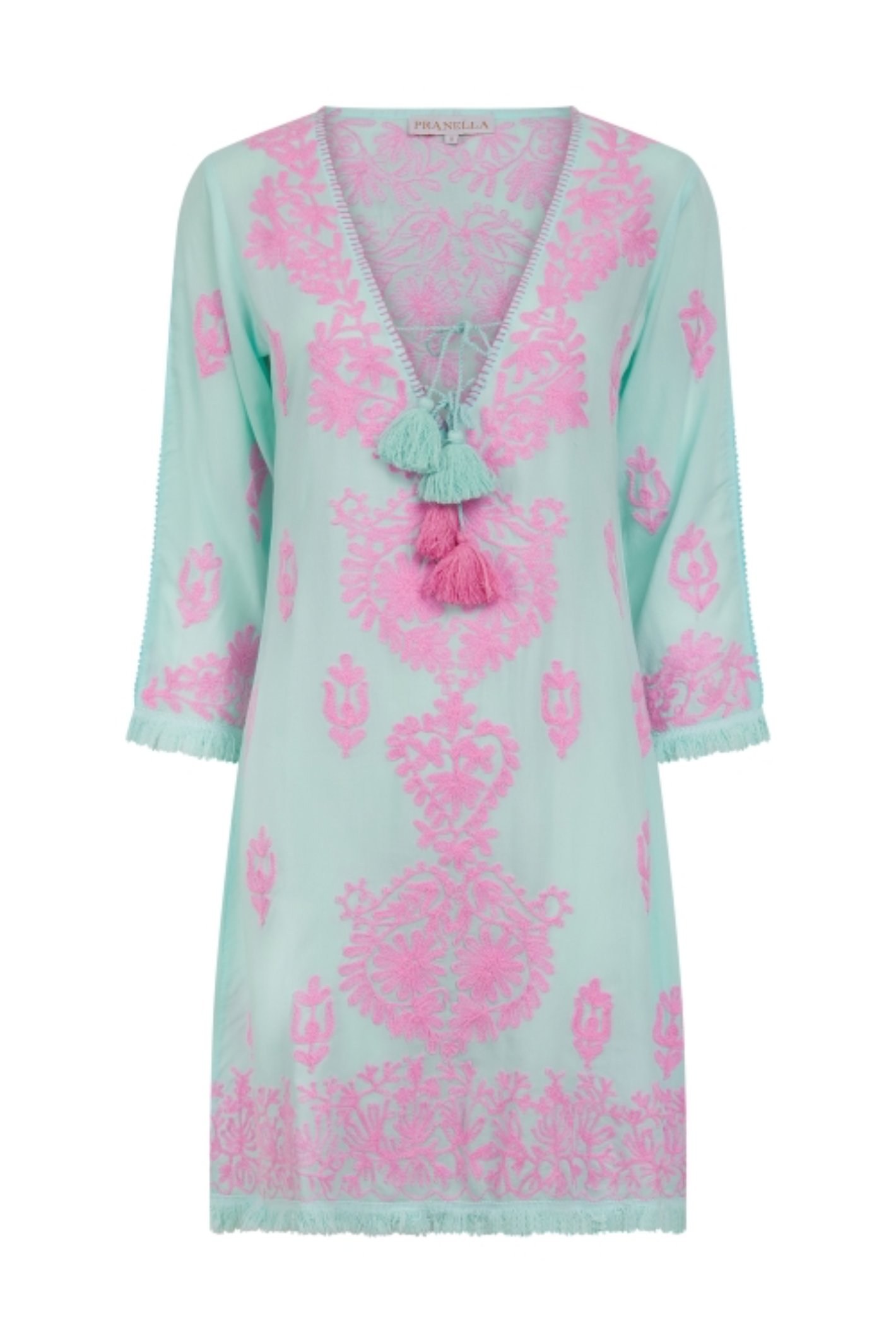 Pranella Aggie Mint Pink mini dress with Aari embroidery and fringe hem – Dotique