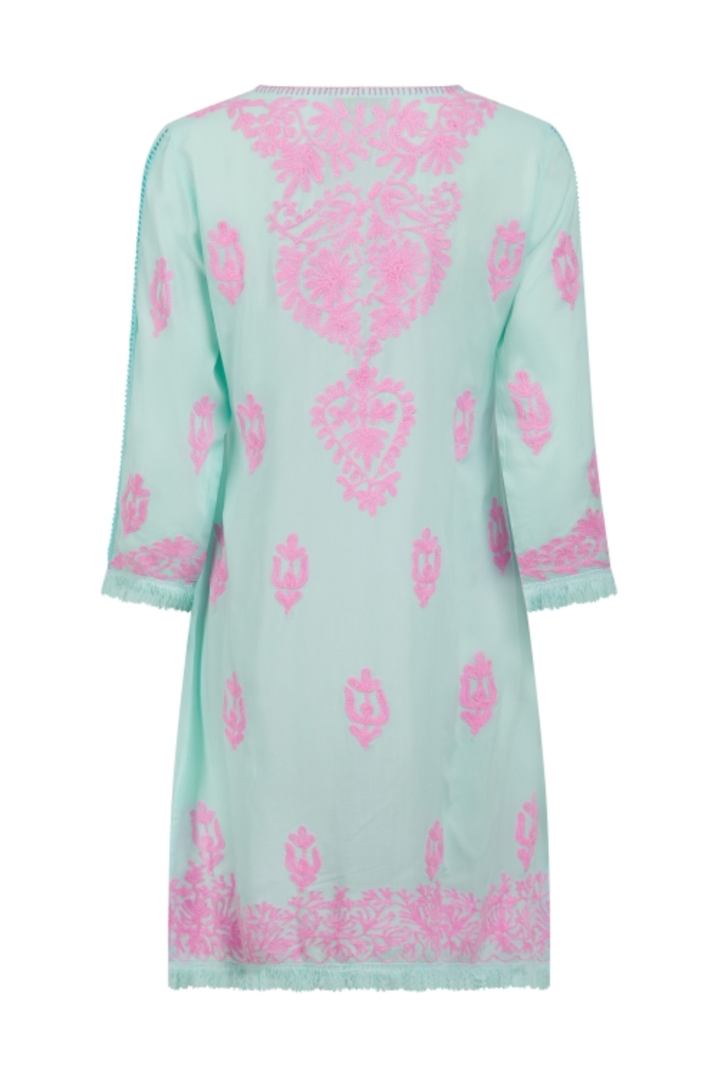 Pranella Aggie Mint Pink mini dress with Aari embroidery and fringe hem – Dotique