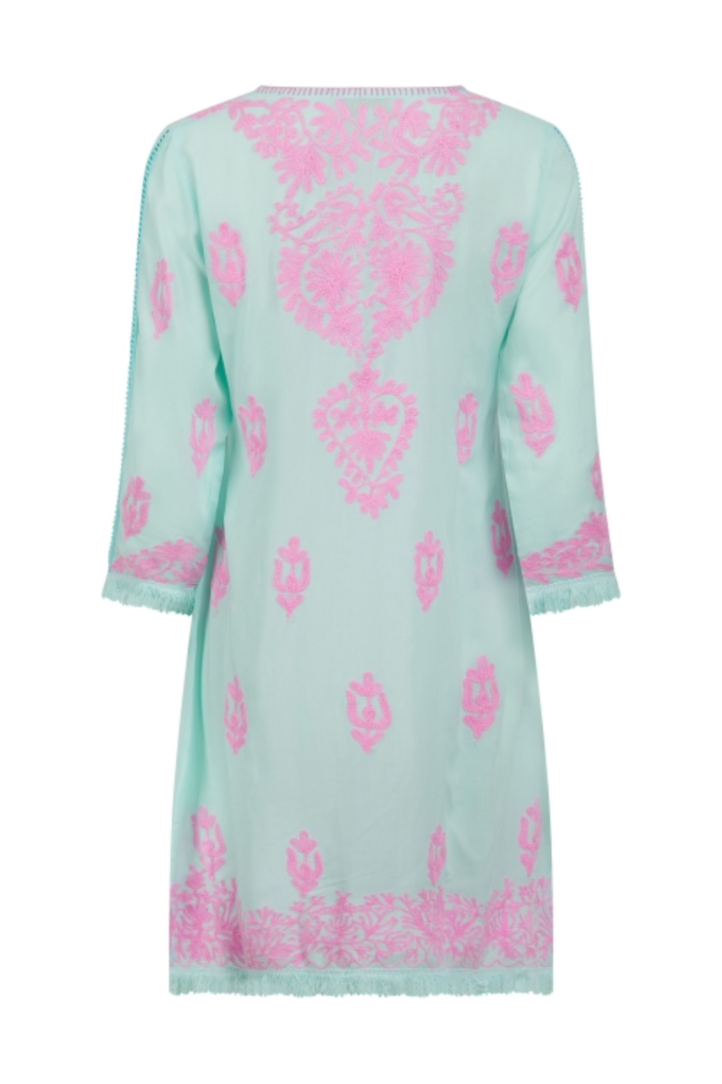 Pranella Aggie Mint Pink mini dress with Aari embroidery and fringe hem – Dotique