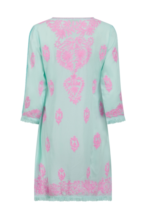 Pranella Aggie Mint Pink mini dress with Aari embroidery and fringe hem – Dotique