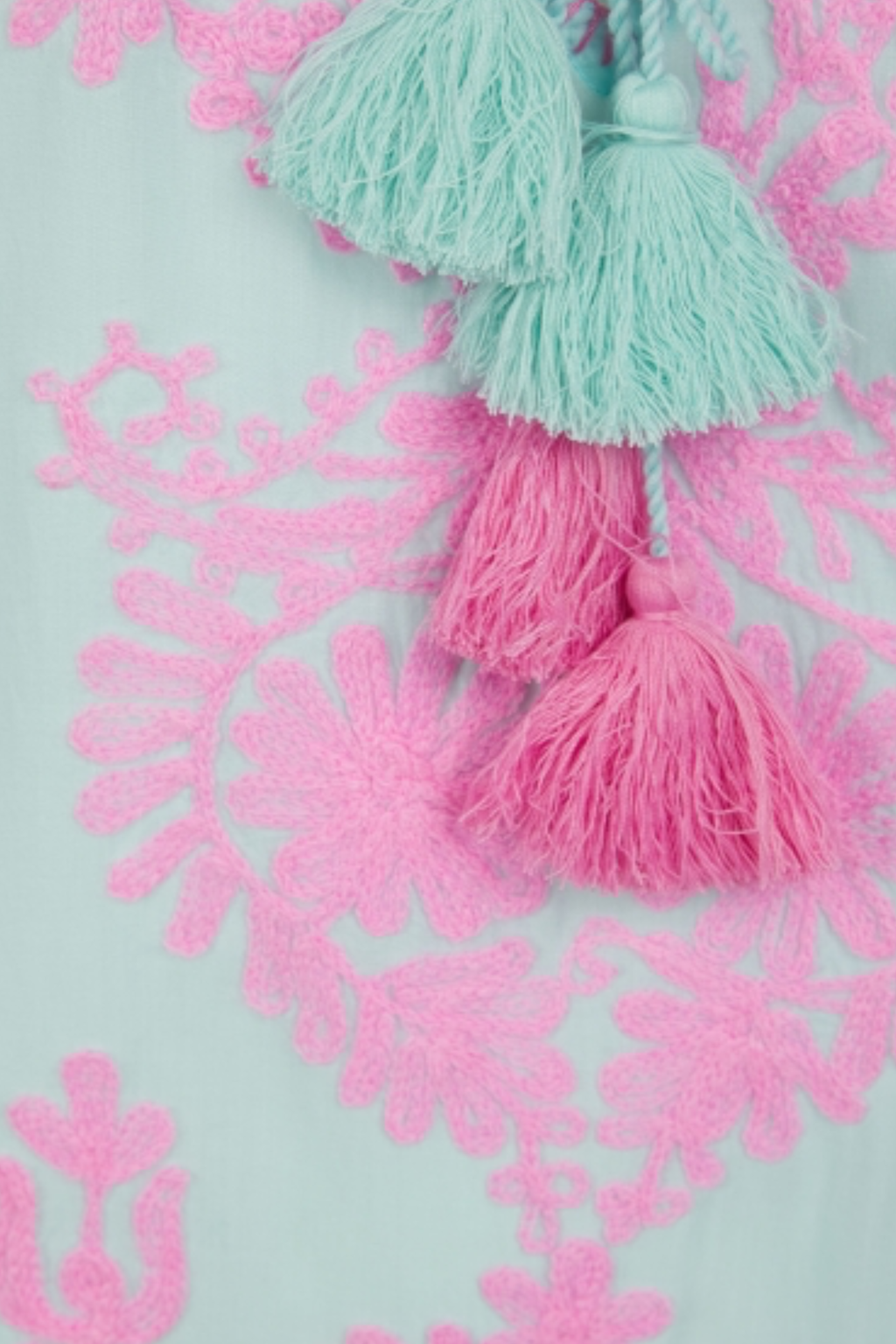 Pranella Aggie Mint Pink mini dress with Aari embroidery and fringe hem – Dotique