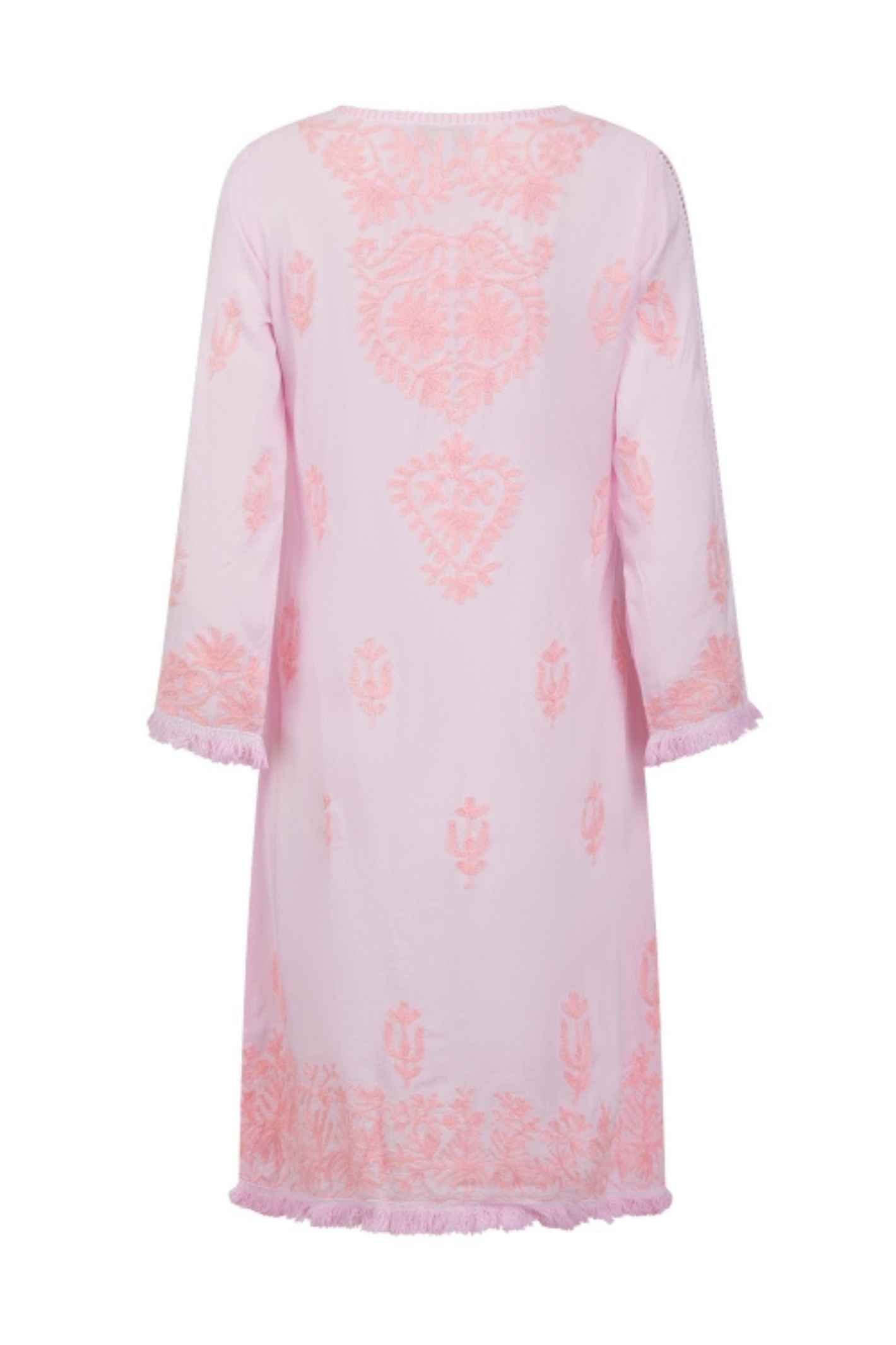 Pranella Aggie Pink Pink embroidered mini dress with tassels and fringe hem – Dotique