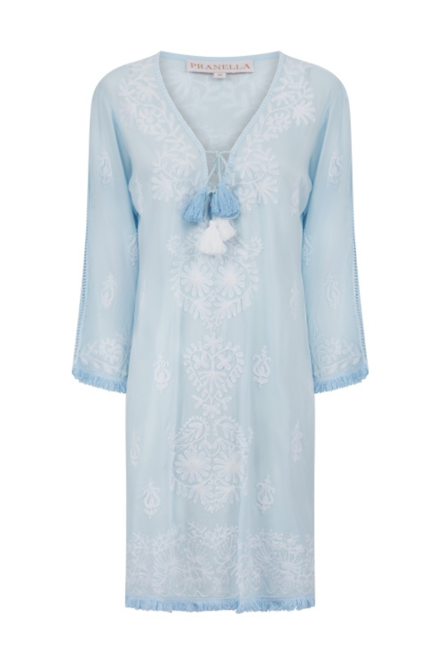 Pranella Aggie Sky Blue White embroidered mini dress with tassels and fringe hem – Dotique