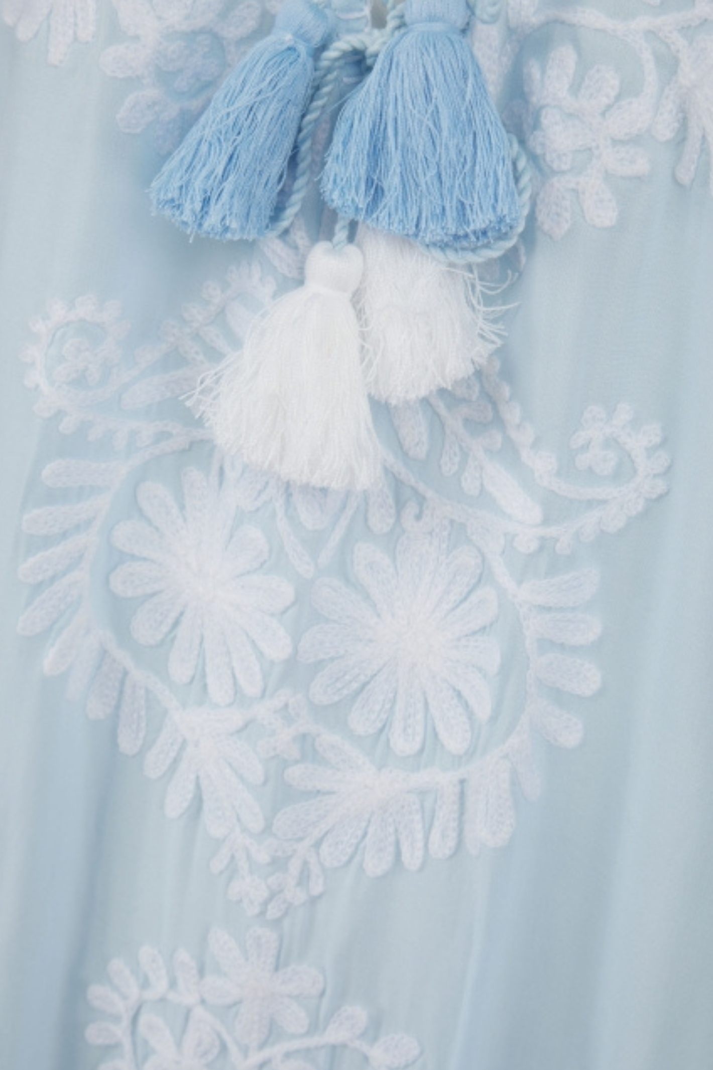 Pranella Aggie Sky Blue White embroidered mini dress with tassels and fringe hem – Dotique