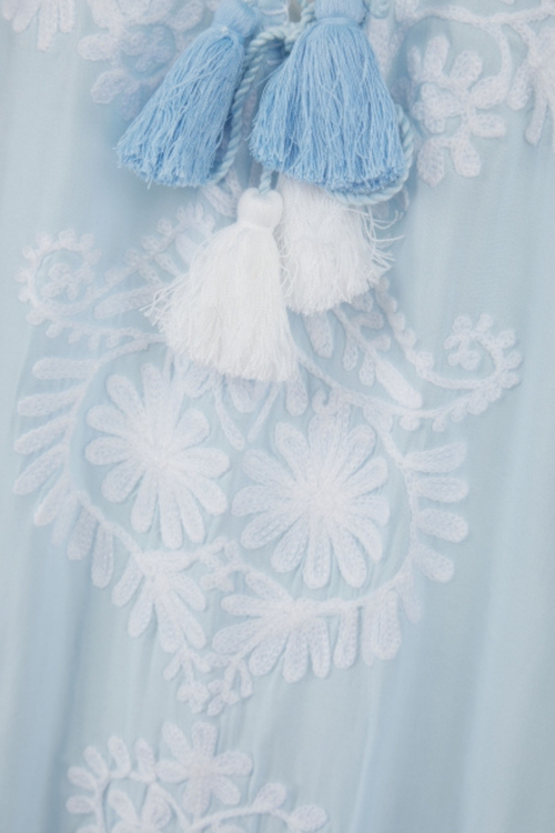 Pranella Aggie Sky Blue White embroidered mini dress with tassels and fringe hem – Dotique