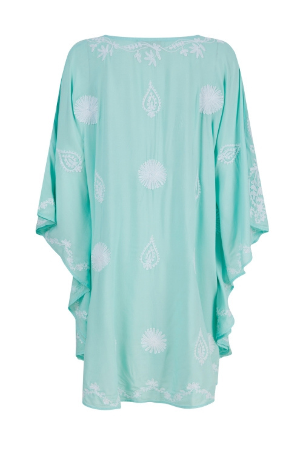 Pranella Ola Aqua White mini kaftan with plunging V neckline and Aari embroidery – Dotique