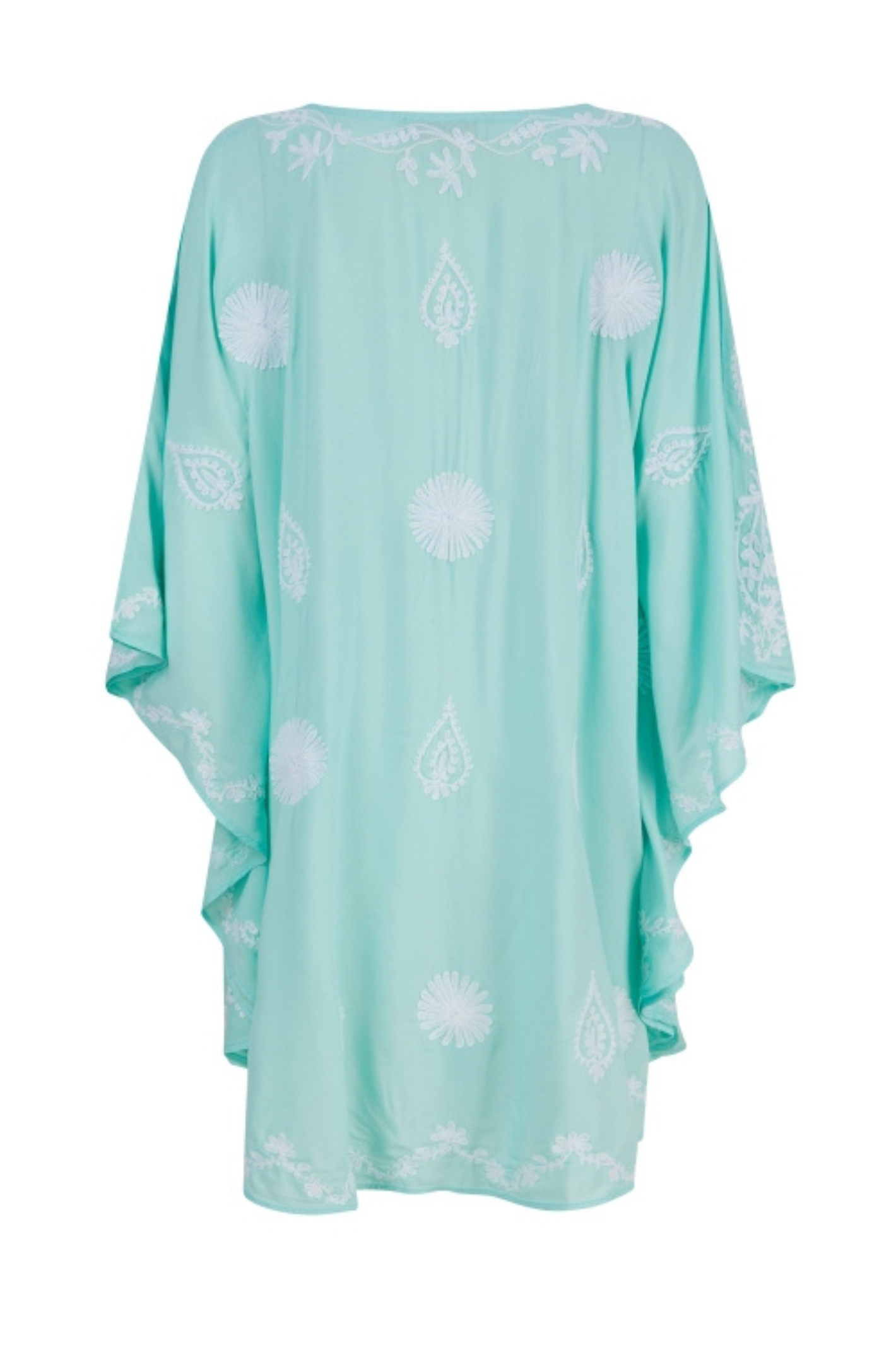 Pranella Ola Aqua White mini kaftan with plunging V neckline and Aari embroidery – Dotique