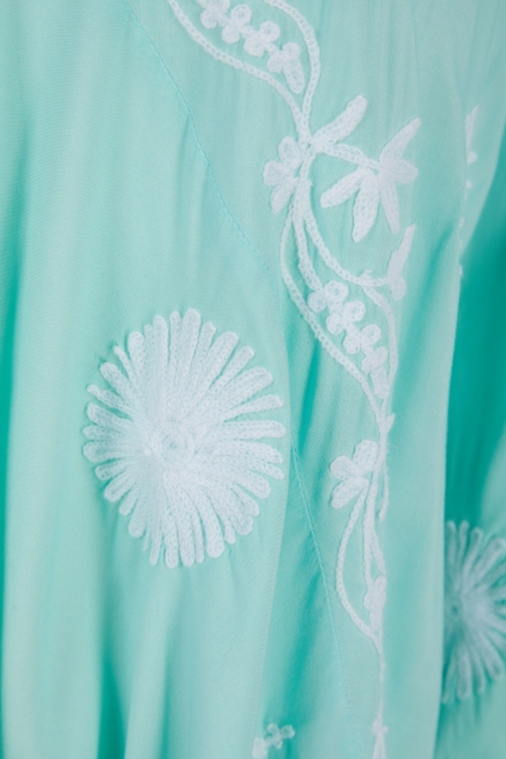 Pranella Ola Aqua White mini kaftan with plunging V neckline and Aari embroidery – Dotique