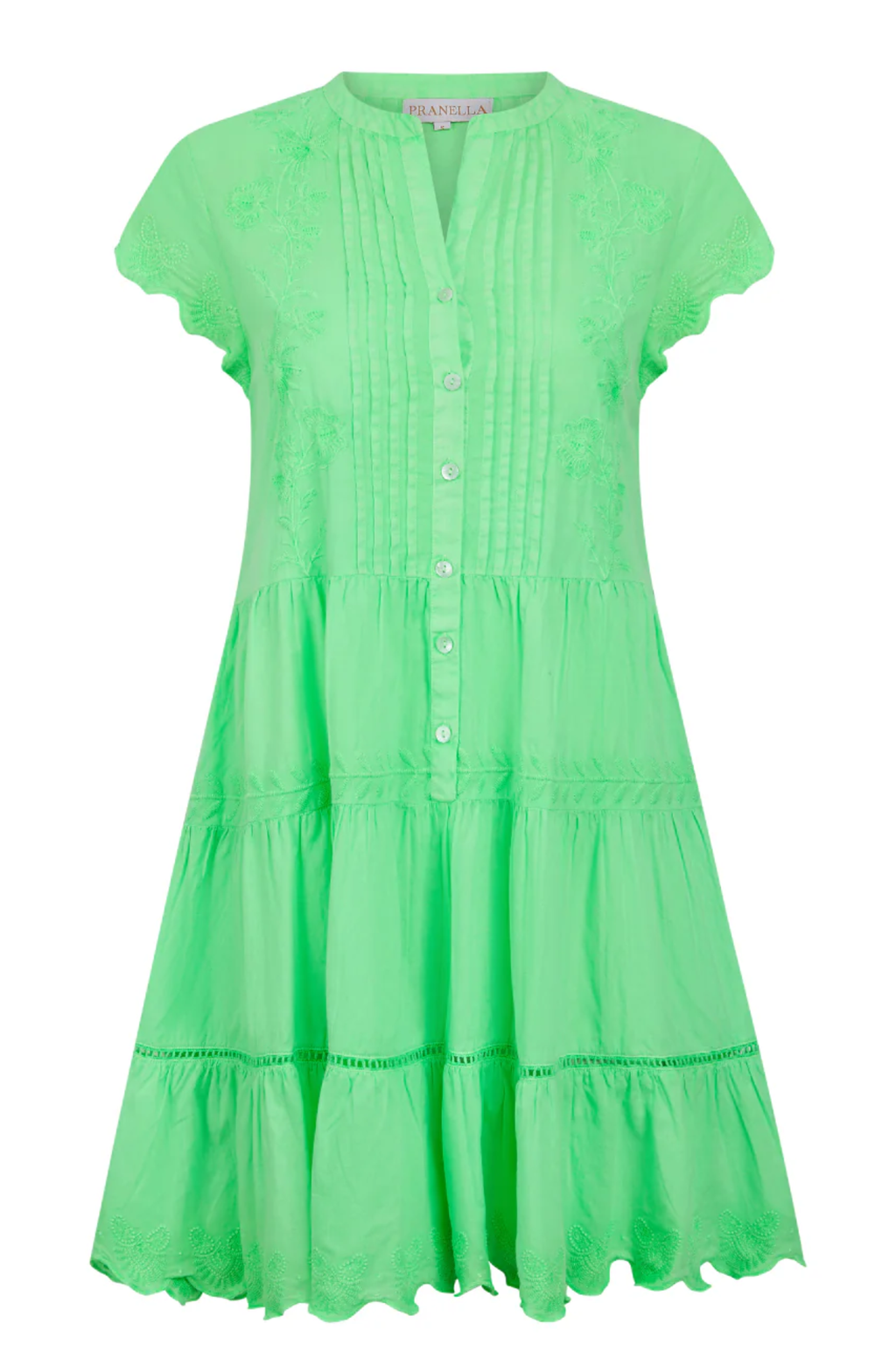 Pranella Salma Neon Green dress with cap sleeves and embroidery – Dotique