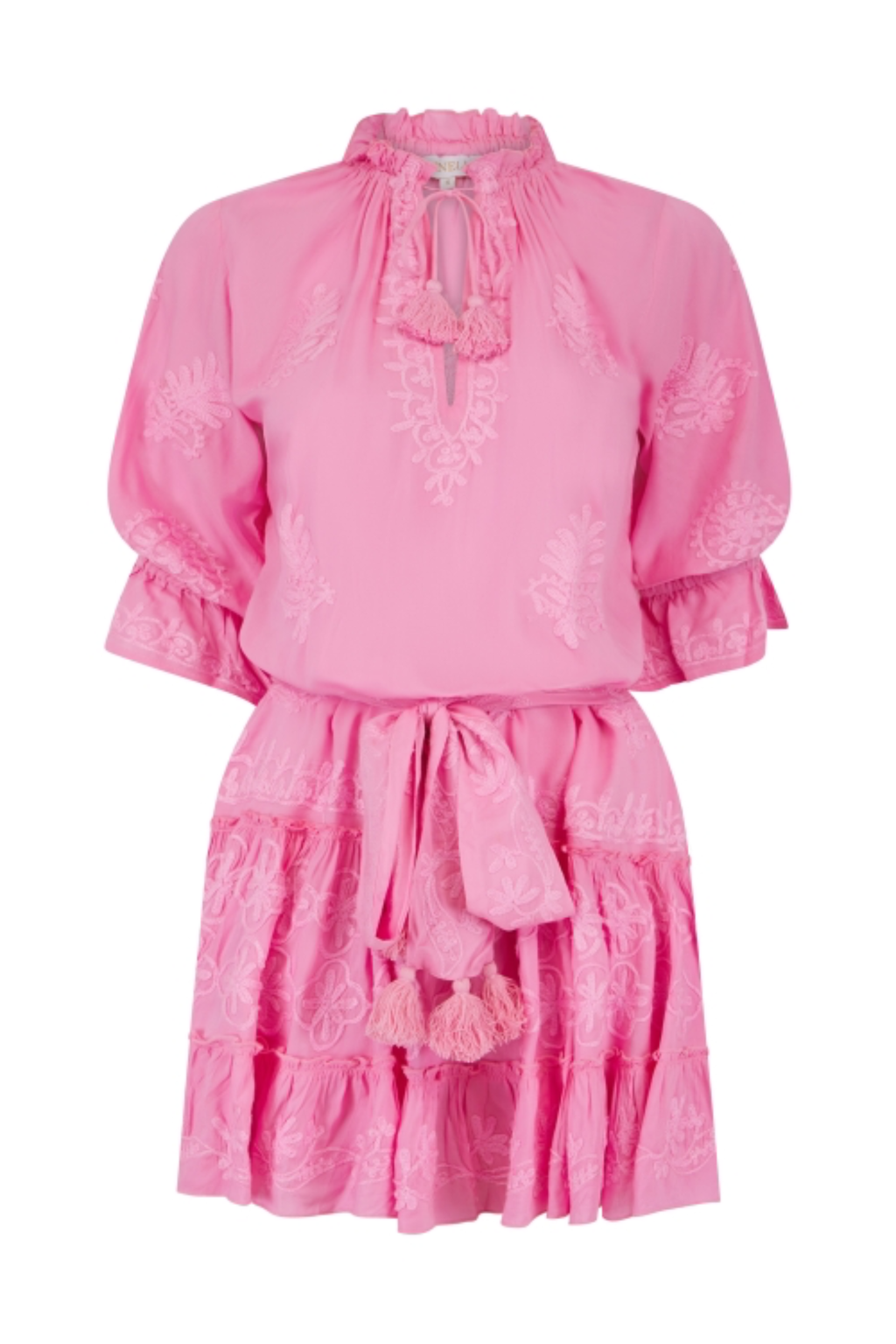 Pranella Sia pink mini dress with tassel belt and peasant sleeves – Dotique