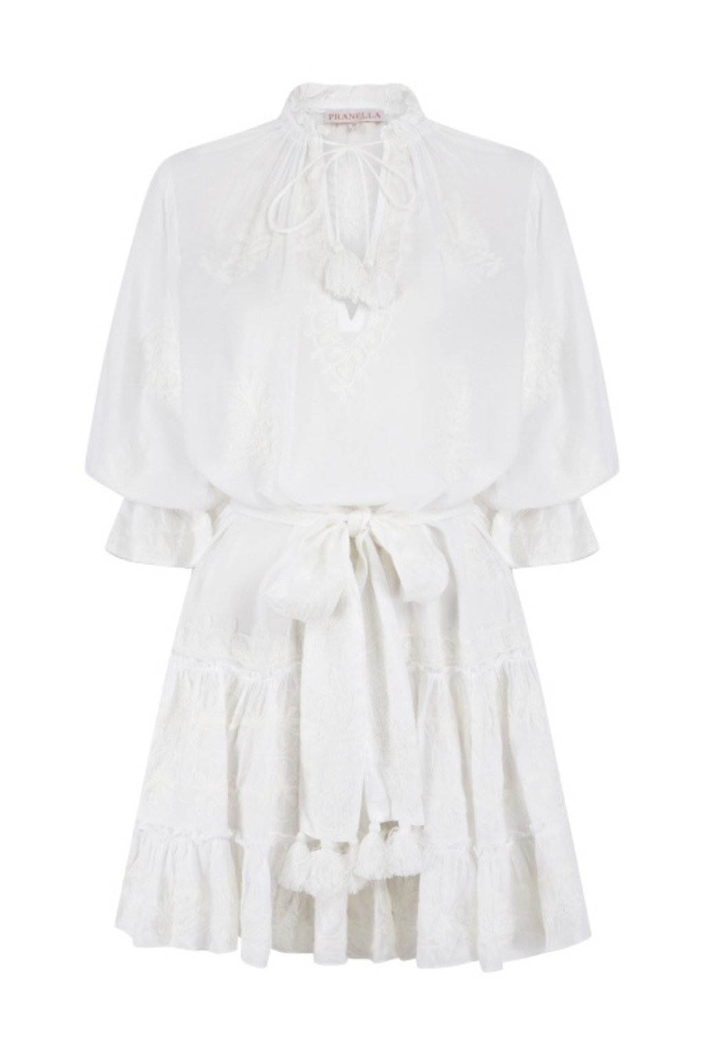 Pranella Sia white mini dress with tassel belt and peasant sleeves – Dotique