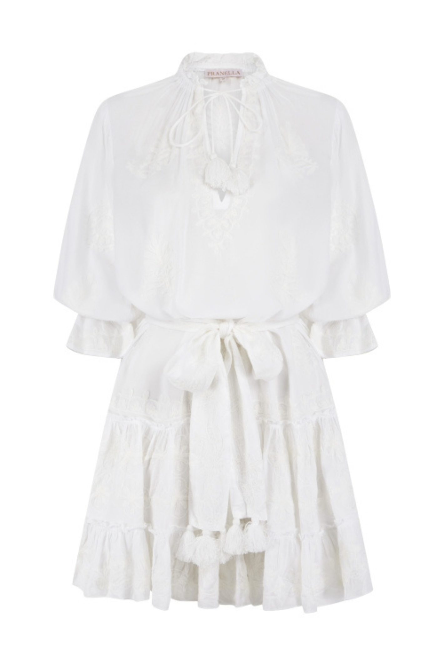 Pranella Sia white mini dress with tassel belt and peasant sleeves – Dotique