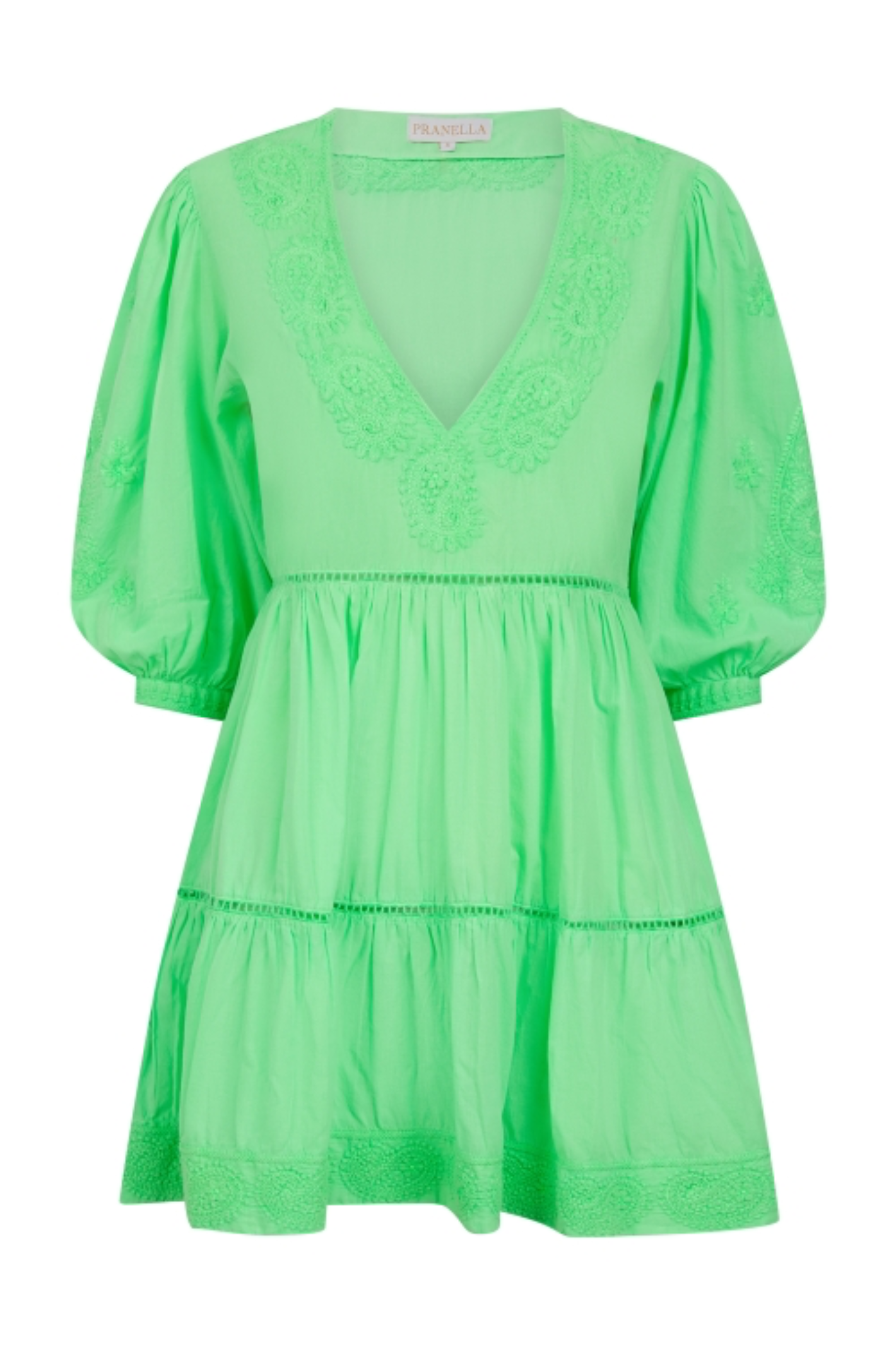 Pranella Sloane Neon Green embroidered cotton mini dress with balloon sleeves – Dotique