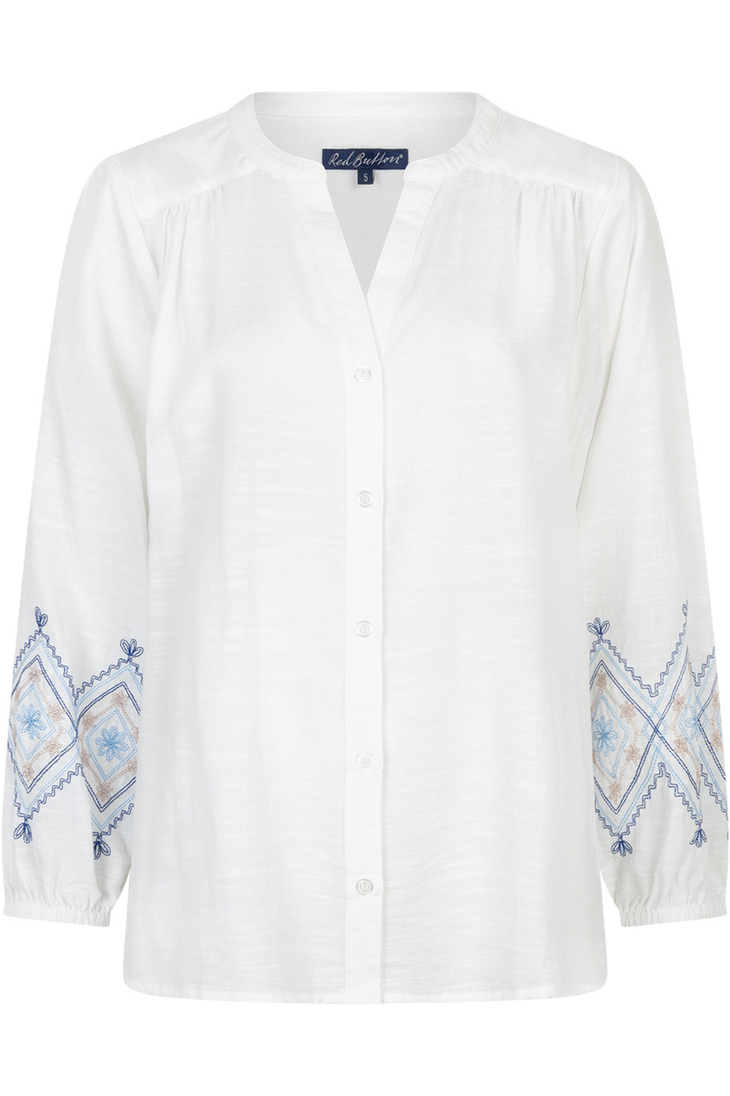 Front view of Red Button SRB4829 Blouse & Embroidery Blue with embroidered sleeves by Red Button shop at Dotique