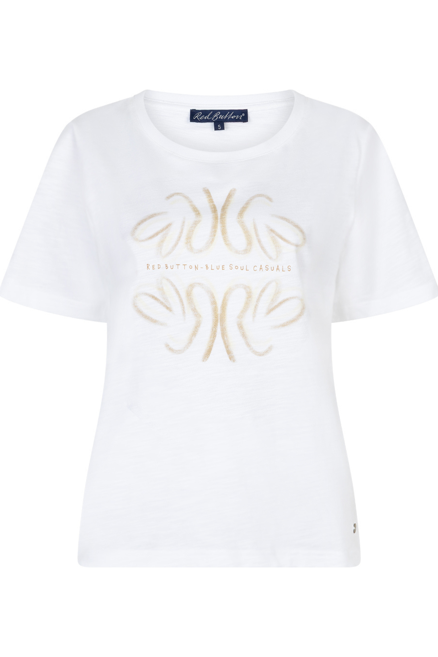 Front view of Red Button SRB4818 Tee Temmy Butterfly White/Butteryellow with abstract beige design by Red Button shop at Dotique