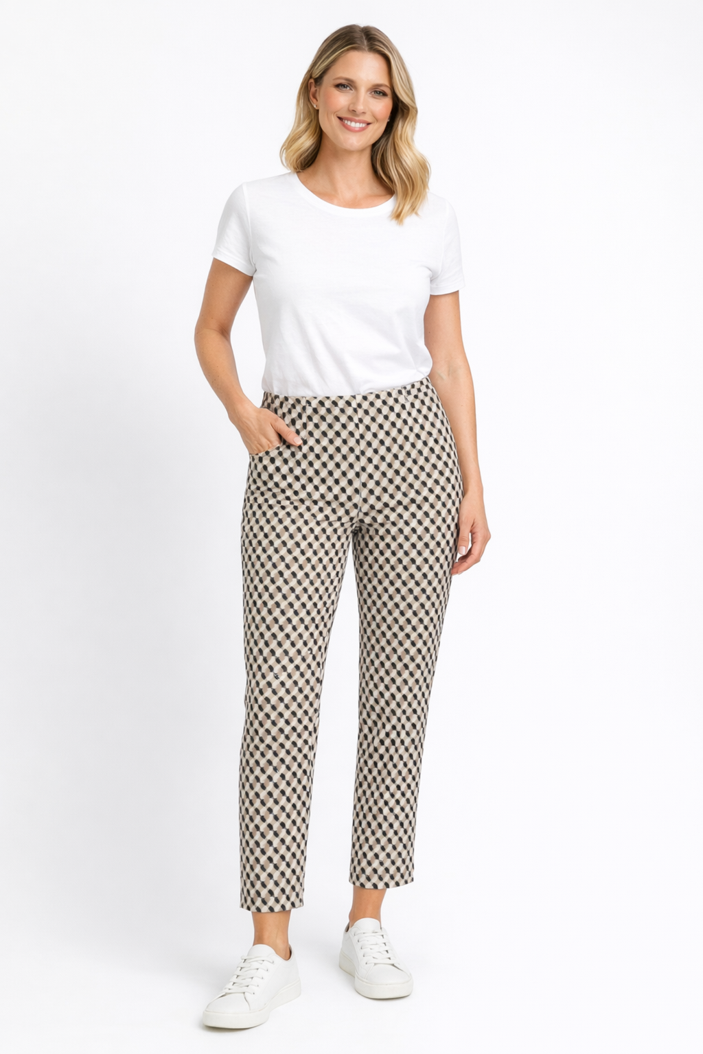 Model wearing Robell Bella 09 Pull-On Check Trousers 68cm 52642 5114 14 by Robell Shop Robell at Dotique