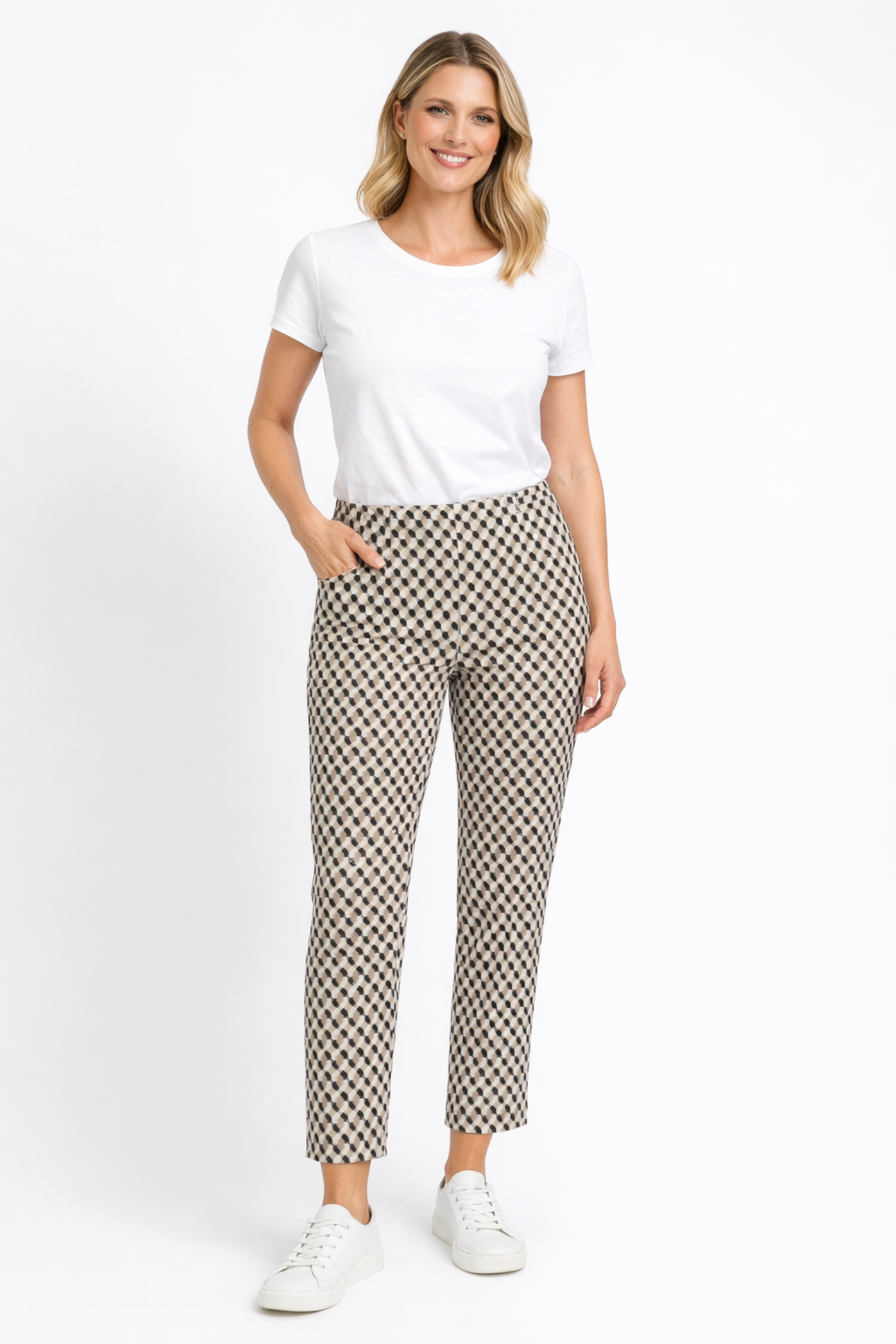 Model wearing Robell Bella 09 Pull-On Check Trousers 68cm 52642 5114 14 by Robell Shop Robell at Dotique