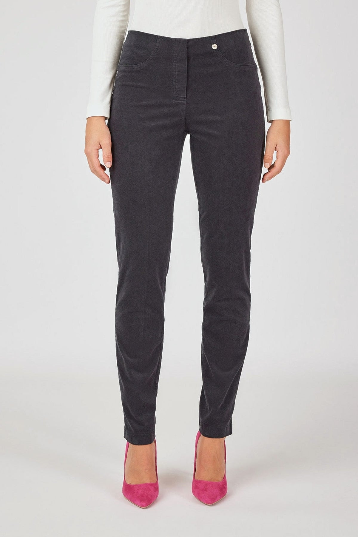 Robell bella cord trousers grey 78cm, front view. Shop Robell at Dotique.