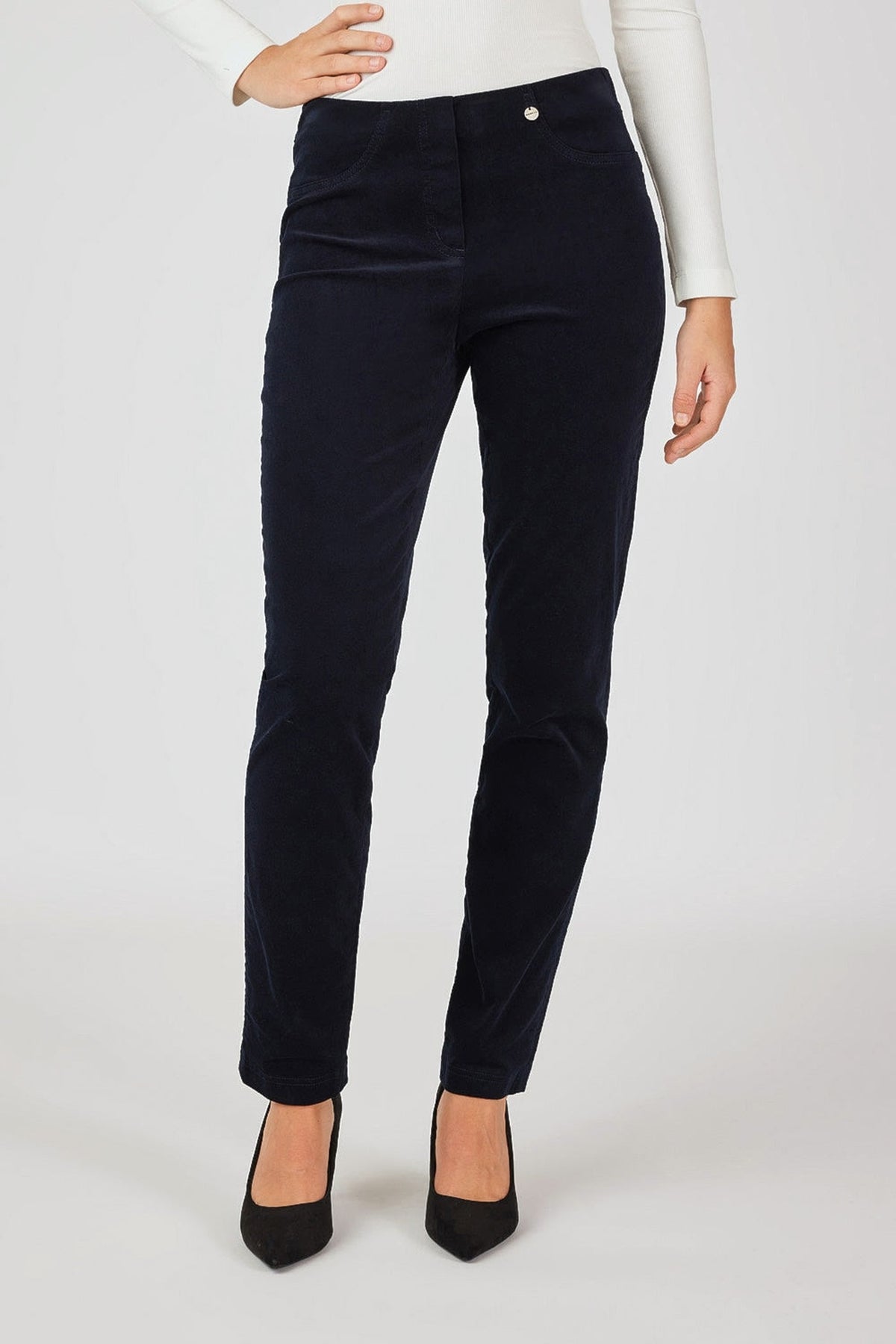 Robell bella cord trousers navy 691 78cm, front view. Shop Robell at Dotique.