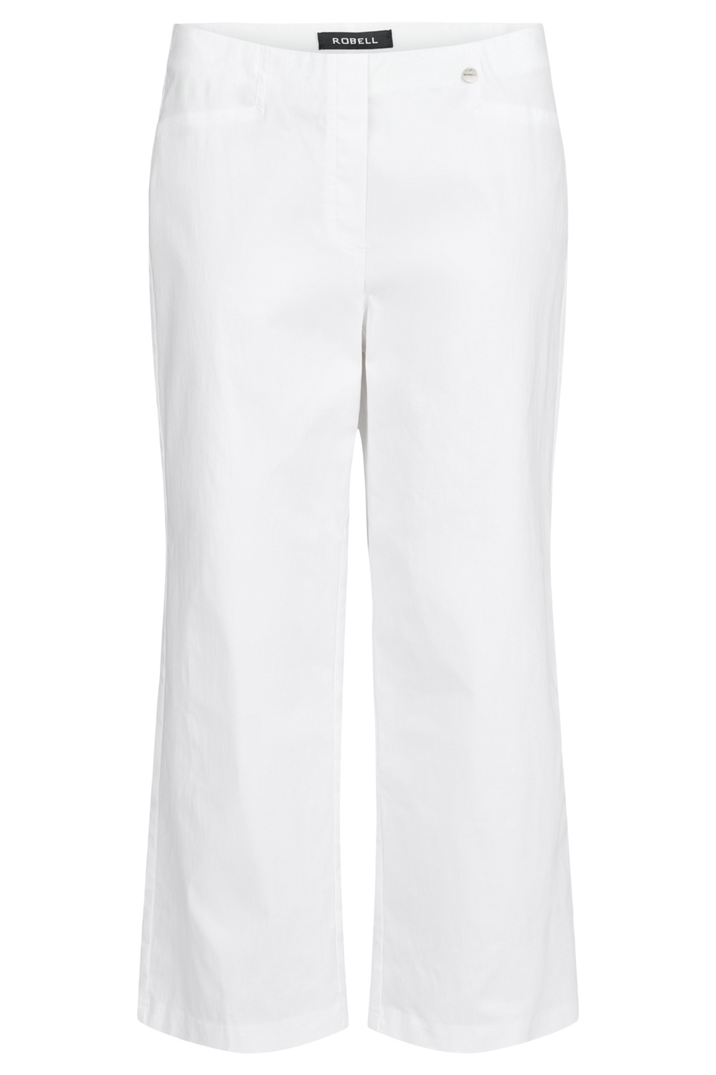 Robell Efi 09 pull-on trousers in white bengaline with stretch fabric and elastic waist. Comfortable, flattering 7/8 length style at Dotique.