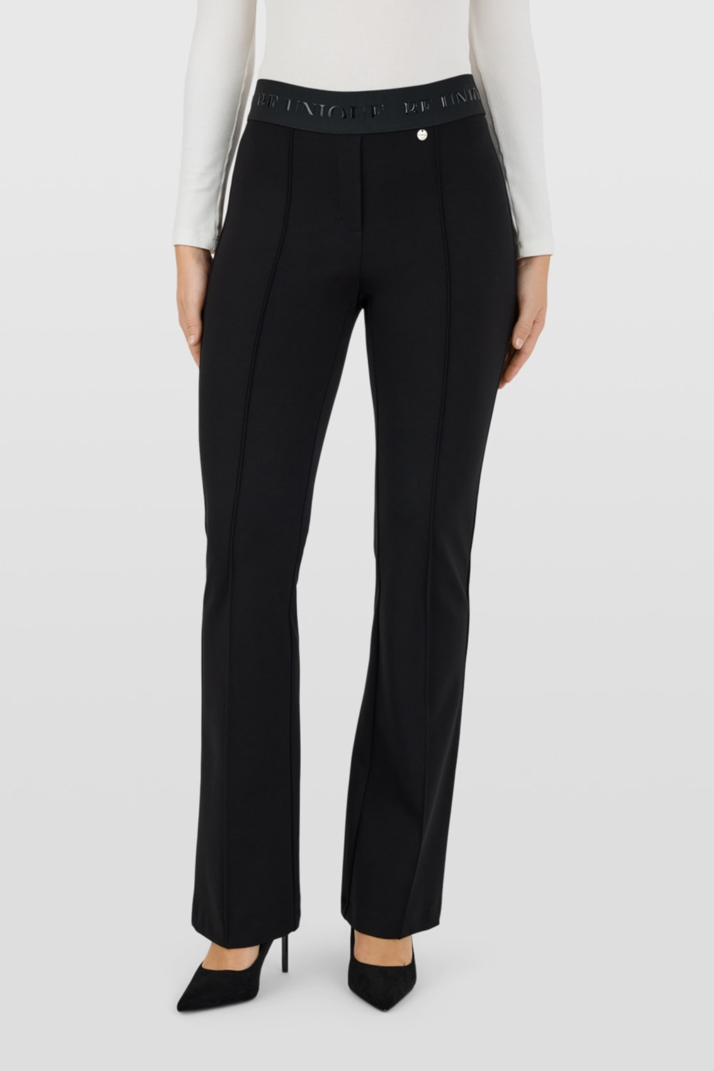 Robell Joella flared trousers in black with slim fit shape and comfortable stretch winter jersey fabric
