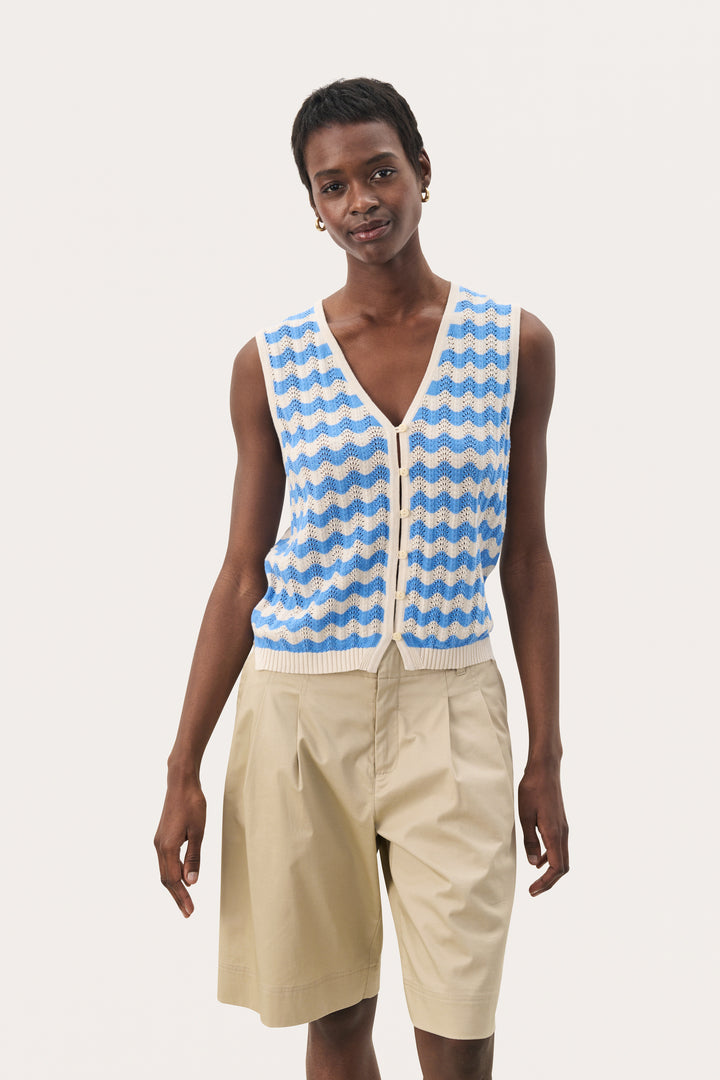 Part Two 30309680 RosellaPW Cotton Knitted Sleeveless Cardigan -Blue Striped