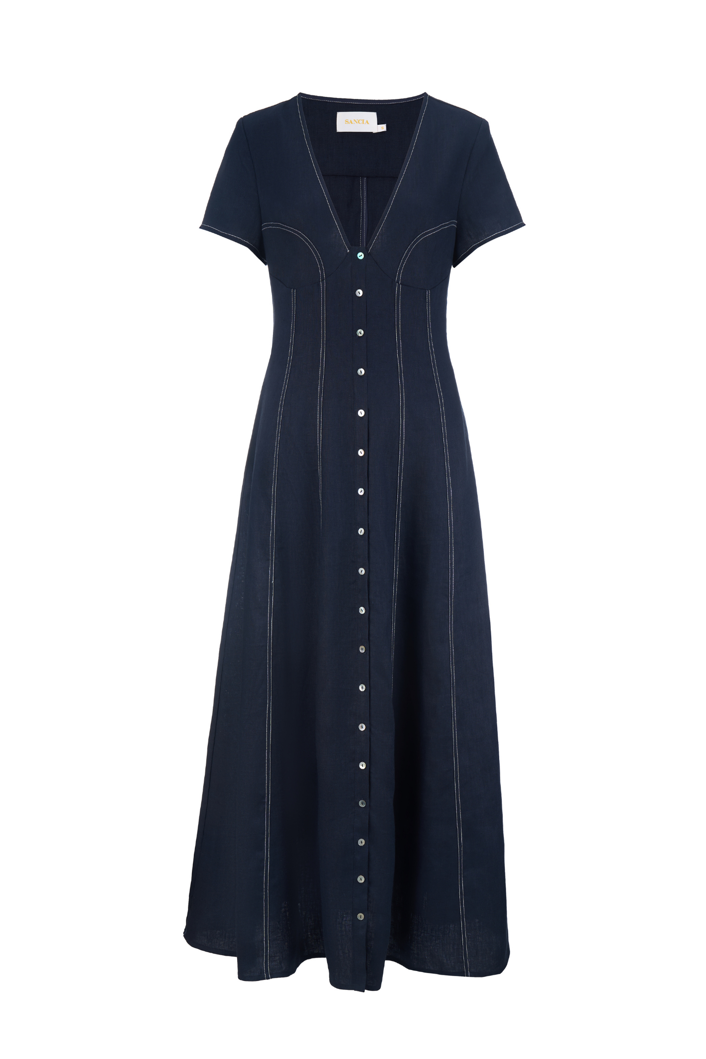 Sancia Greta Dress in navy with flattering V neckline, button front and flowing skirt. Lightweight cupro fabric. Shop now at Dotique.