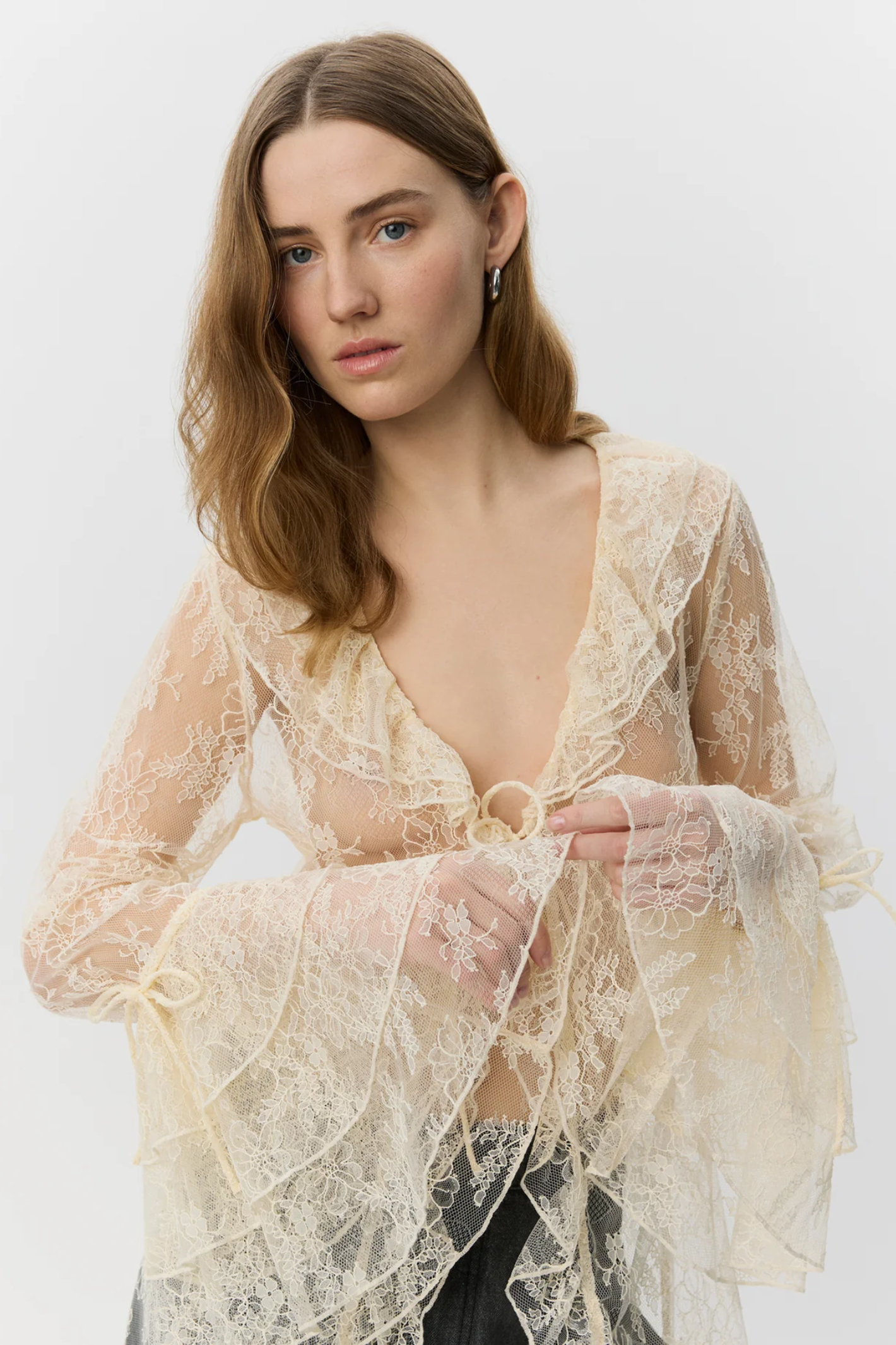 Model wearing Sofie Schnoor Anastasiasw Lace Robe S262300 by Sofie Schnoor, shop Sofie Schnoor at Dotique