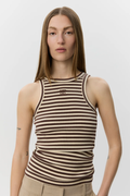 Model wearing Sofie Schnoor Becasw Striped Rib Tank Top S262360 in brown by Sofie Schnoor shop Dotique
