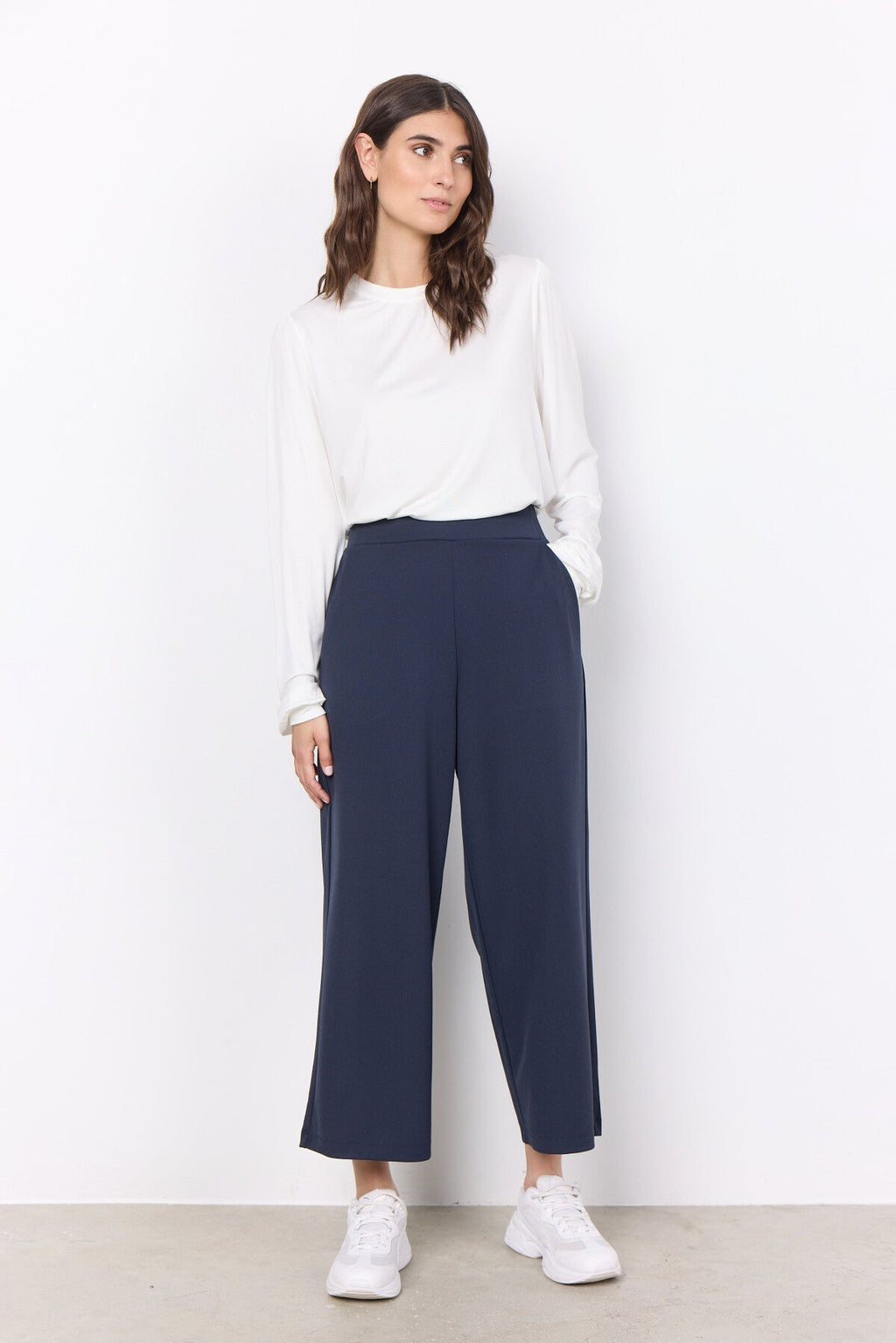 Soya Concept Siham 36 navy wide leg trousers on model - shop at Dotique