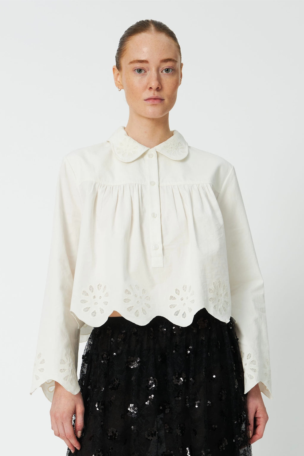 Stella Nova Cropped Blouse with Embroidery Anglaise White Organic Cotton Blouse