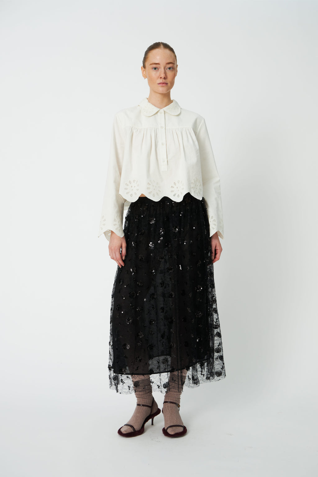 Stella Nova Cropped Blouse with Embroidery Anglaise White Organic Cotton Blouse