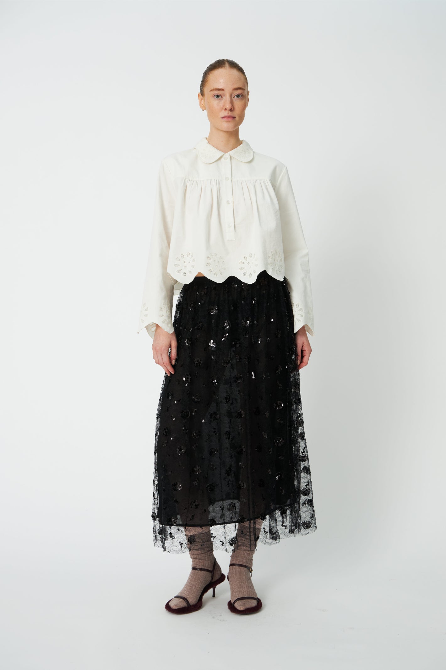 Stella Nova Cropped Blouse with Embroidery Anglaise White Organic Cotton Blouse