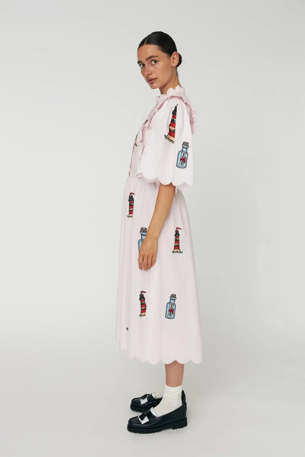 Side view of Stella Nova Embroidered Midi Dress with Scallops Pale Pink by Stella Nova shop Stella Nova at Dotique gallery 1