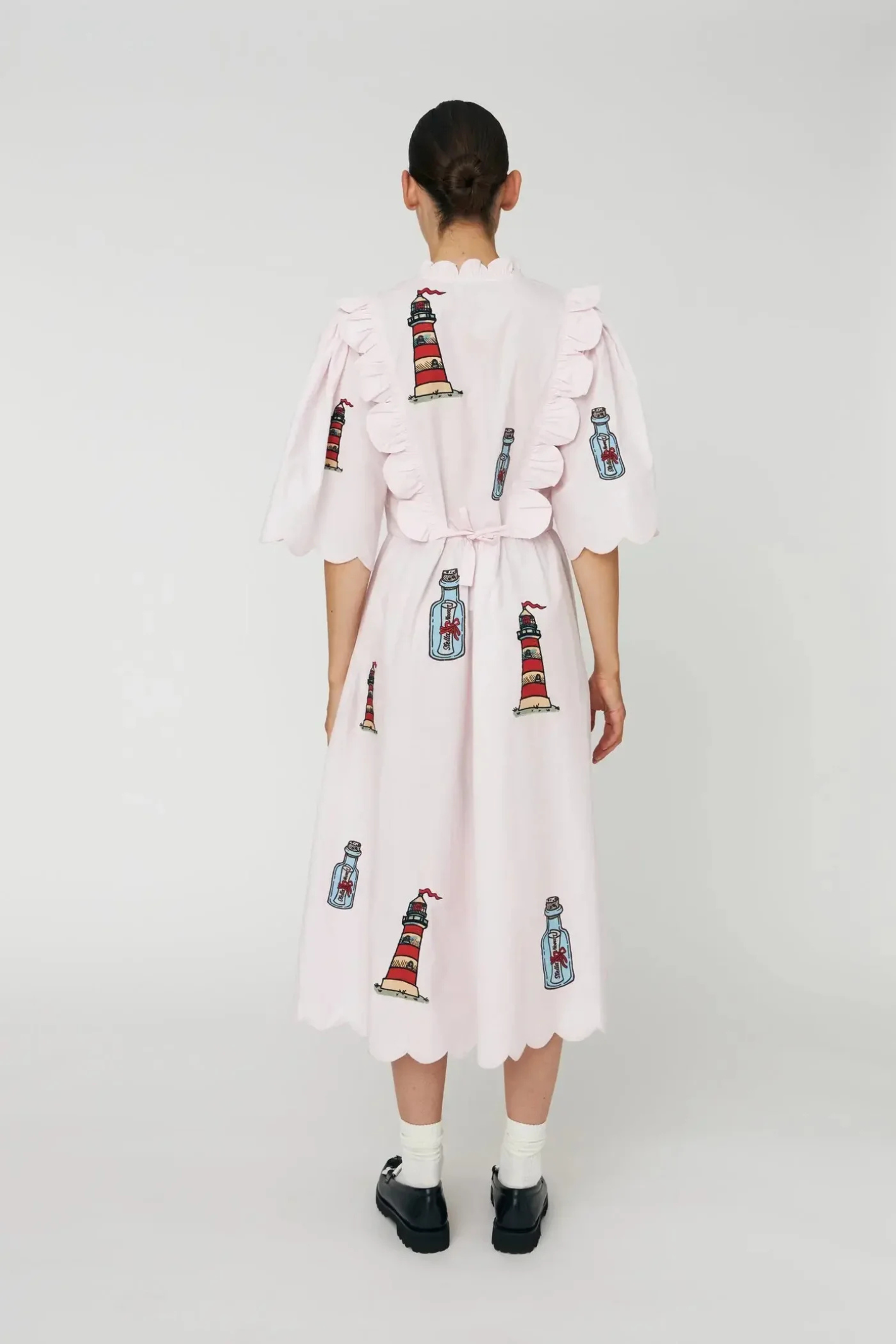 Back view of Stella Nova Embroidered Midi Dress with Scallops Pale Pink by Stella Nova shop Stella Nova at Dotique gallery 1