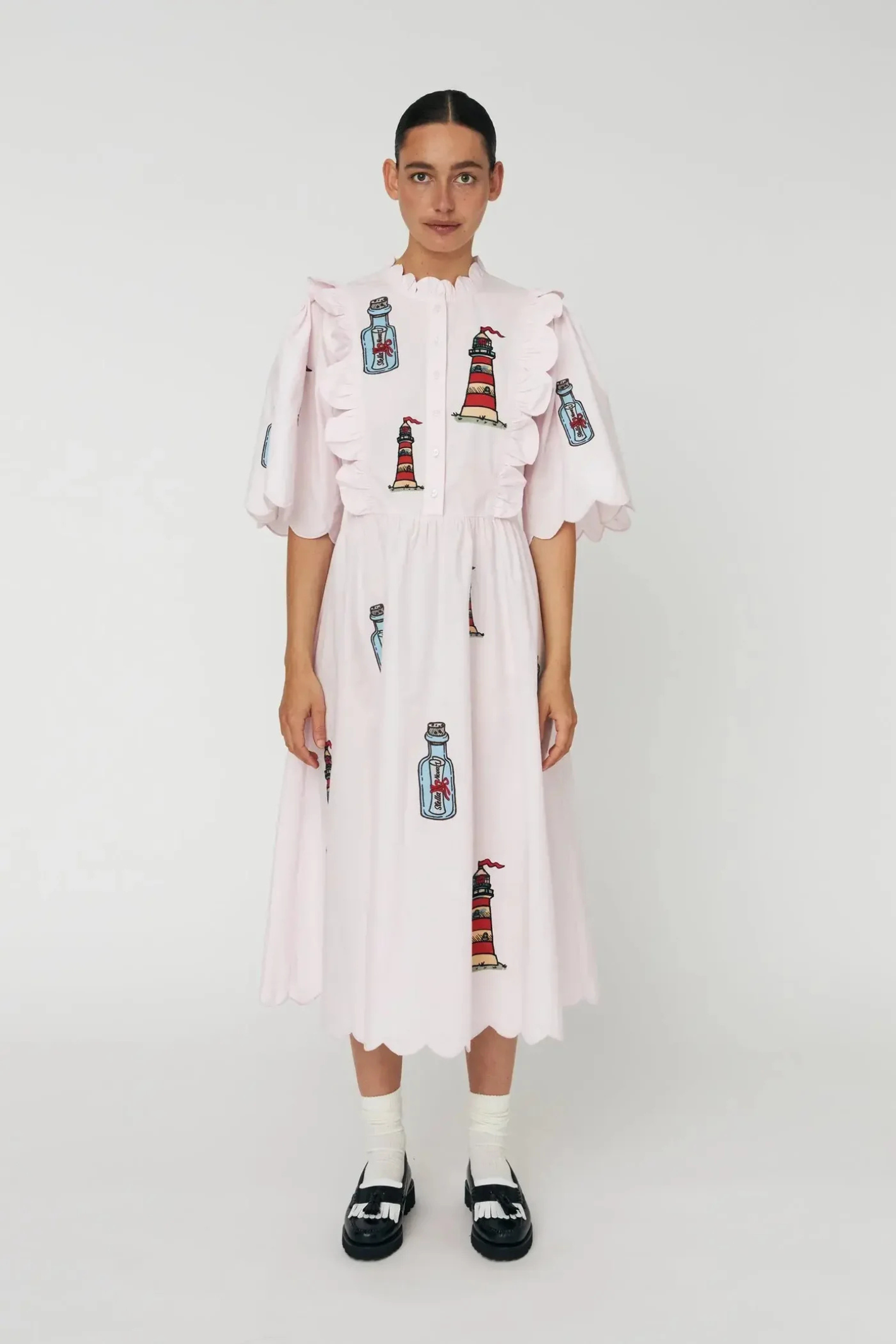 Stella Nova Embroidered Midi Dress with Scallops Pale Pink | Dotique Dotique Stella Nova Embroidered Midi Dress with Scallops Pale Pink | Dotique Dotique