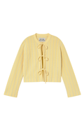 Tiny Big Sister striped cotton cardigan with tie front detail in a soft yellow tone. Light, flattering and perfect for layering. Shop at Dotique.