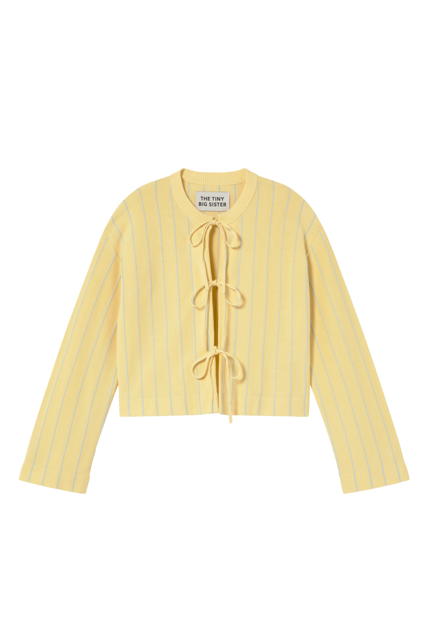 Tiny Big Sister striped cotton cardigan with tie front detail in a soft yellow tone. Light, flattering and perfect for layering. Shop at Dotique.