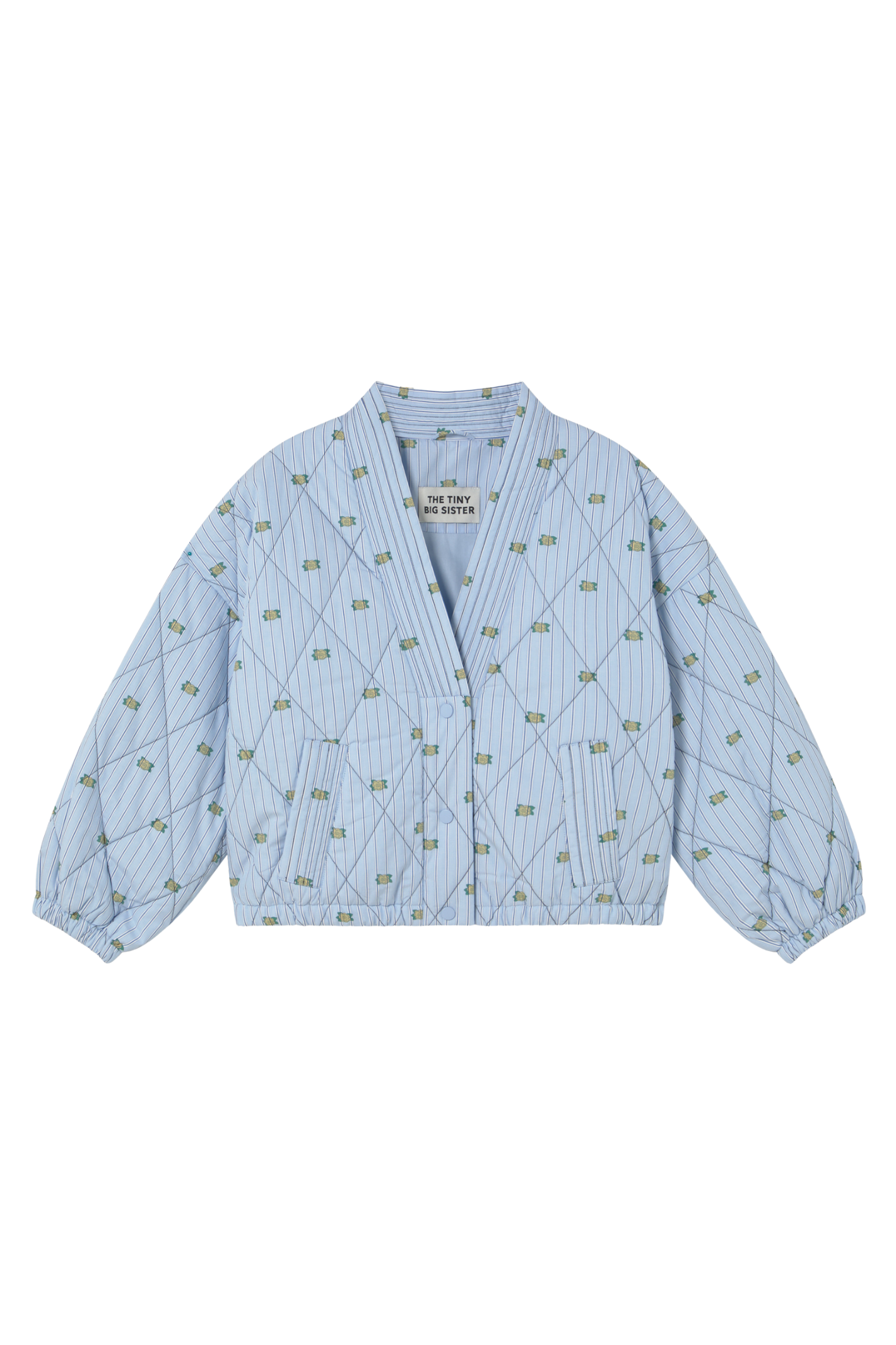 Tiny Big Sister striped jacket with delicate mini floral detail, softly padded and fully lined. A fresh, stylish layer for spring. Shop at Dotique.