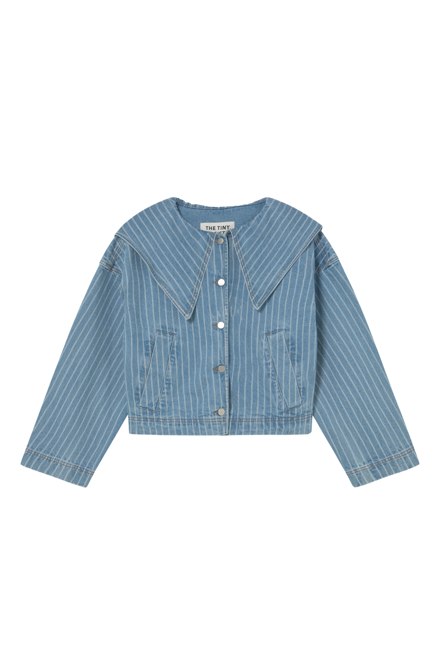 Tiny Big Sister striped cotton jacket with collar and relaxed fit. A stylish, lightweight layer for spring and summer. Shop at Dotique.